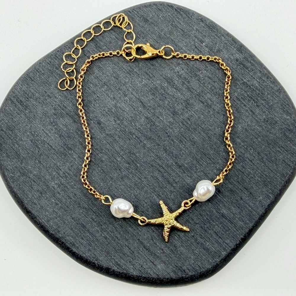 Gold Tone Starfish Bracelet Coastal Beach Jewelry White Pearl Accent Trendy Gift - Picture 12 of 14